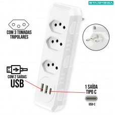 Extensão Elétrica 3 Tomadas + 2 USB + 1 USB C ST-879 Starmega